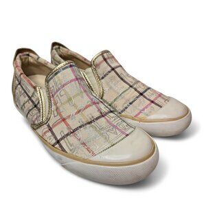 Coach Beale Poppy Plaid Slip On Sneakers Women's Metallic Gold Cap Toe 5.5